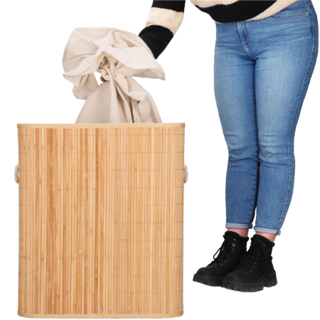 Cos de rufe din bambus cu capac, 2 compartimente, sac detasabil, volum 100L, 53x32x62cm, maro [9]