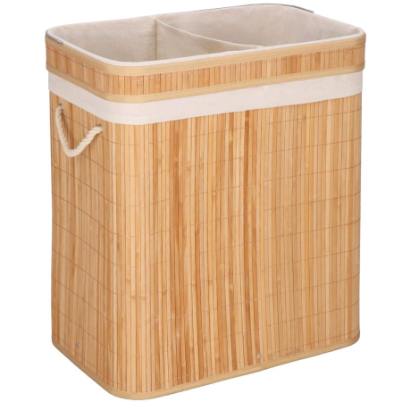 Cos de rufe din bambus cu capac, 2 compartimente, sac detasabil, volum 100L, 53x32x62cm, maro [17]