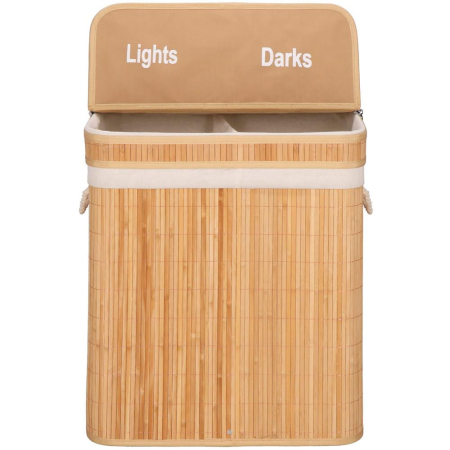 Cos de rufe din bambus cu capac, 2 compartimente, sac detasabil, volum 100L, 53x32x62cm, maro [11]