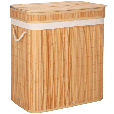 Cos de rufe din bambus cu capac, 2 compartimente, sac detasabil, volum 100L, 53x32x62cm, maro [15]