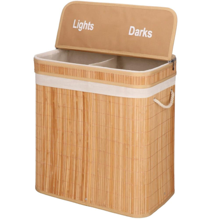 Cos de rufe din bambus cu capac, 2 compartimente, sac detasabil, volum 100L, 53x32x62cm, maro [16]