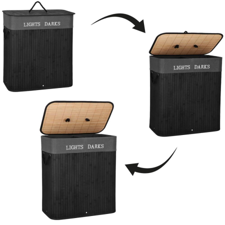 Cos de rufe din bambus cu capac, 2 compartimente, sac detasabil, volum 100L, 54x34x60cm, negru [22]