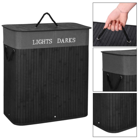 Cos de rufe din bambus cu capac, 2 compartimente, sac detasabil, volum 100L, 54x34x60cm, negru [21]