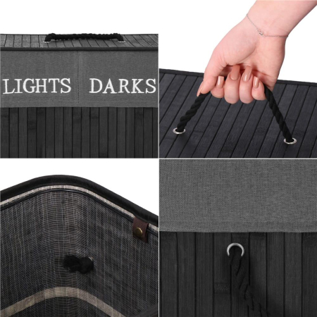 Cos de rufe din bambus cu capac, 2 compartimente, sac detasabil, volum 100L, 54x34x60cm, negru [23]