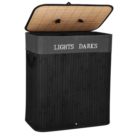 Decoratiuni si articole casa - Cos de rufe din bambus cu capac, 2 compartimente, sac detasabil, volum 100L, 54x34x60cm, negru