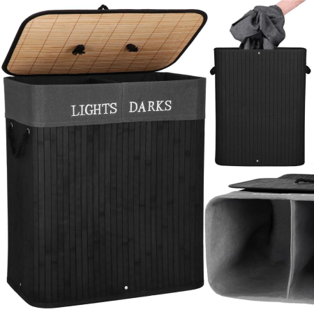 Cos de rufe din bambus cu capac, 2 compartimente, sac detasabil, volum 100L, 54x34x60cm, negru [7]