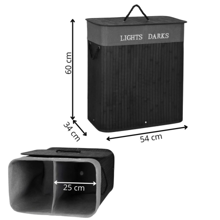Cos de rufe din bambus cu capac, 2 compartimente, sac detasabil, volum 100L, 54x34x60cm, negru [24]