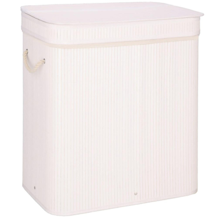 Cos de rufe din bambus cu capac, 2 compartimente, sac detasabil, volum 100L, 54x35x60cm, alb [14]