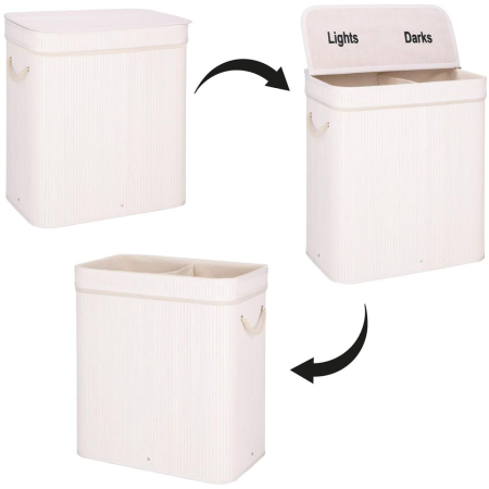 Cos de rufe din bambus cu capac, 2 compartimente, sac detasabil, volum 100L, 54x35x60cm, alb [13]