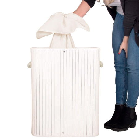 Cos de rufe din bambus cu capac, 2 compartimente, sac detasabil, volum 100L, 54x35x60cm, alb [8]