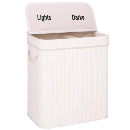 Decoratiuni si articole casa - Cos de rufe din bambus cu capac, 2 compartimente, sac detasabil, volum 100L, 54x35x60cm, alb