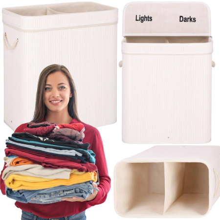 Cos de rufe din bambus cu capac, 2 compartimente, sac detasabil, volum 100L, 54x35x60cm, alb [2]