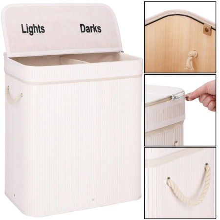 Cos de rufe din bambus cu capac, 2 compartimente, sac detasabil, volum 100L, 54x35x60cm, alb [12]