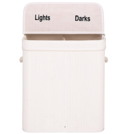 Cos de rufe din bambus cu capac, 2 compartimente, sac detasabil, volum 100L, 54x35x60cm, alb [10]