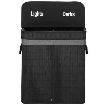 Cos de rufe din bambus cu capac, 2 compartimente, sac detasabil, volum 100L, 54x35x60cm, negru [17]