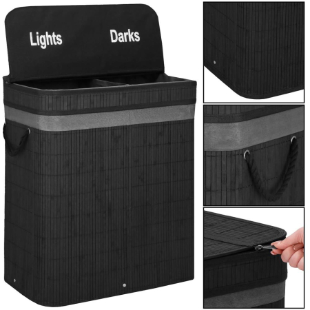 Cos de rufe din bambus cu capac, 2 compartimente, sac detasabil, volum 100L, 54x35x60cm, negru [18]