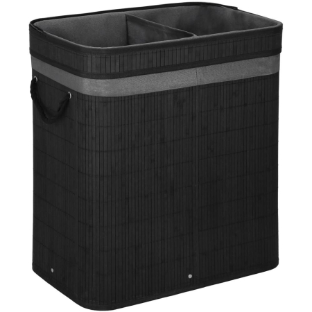 Cos de rufe din bambus cu capac, 2 compartimente, sac detasabil, volum 100L, 54x35x60cm, negru [8]