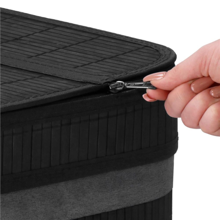 Cos de rufe din bambus cu capac, 2 compartimente, sac detasabil, volum 100L, 54x35x60cm, negru [12]