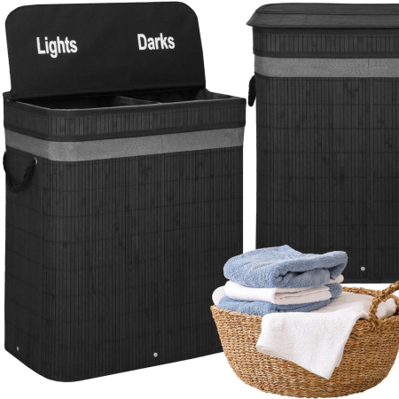 Cos de rufe din bambus cu capac, 2 compartimente, sac detasabil, volum 100L, 54x35x60cm, negru [1]