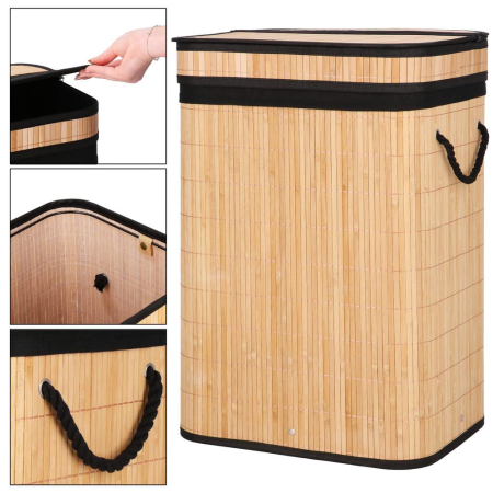 Cos de rufe din bambus cu capac, sac detasabil, volum 72L, 42x33x60cm, maro [19]