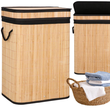 Cos de rufe din bambus cu capac, sac detasabil, volum 72L, 42x33x60cm, maro [23]