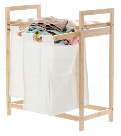 Cos de rufe din bambus si blat din lemn, 2 cosuri din panza, 64x73x33cm, natur [4]