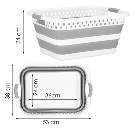 Cos de rufe pliabil tip lighean, cu manere, din plastic si silicon, 53x38x24cm, 24litri, gri [18]