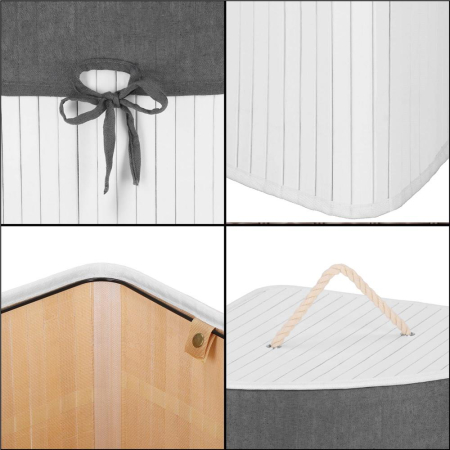 Cos rufe triunghiular colt bambus capac sac textil 60l, 55x35x60 cm, economisire spatiu, alb gri [5]