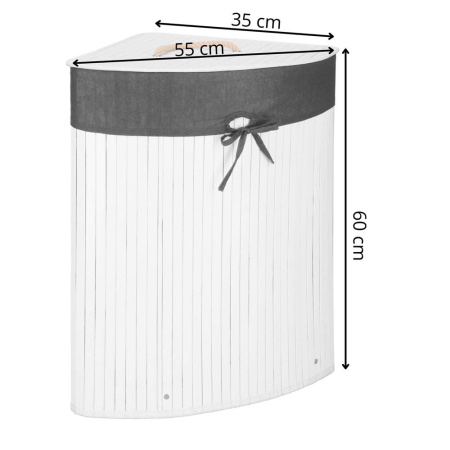 Cos rufe triunghiular colt bambus capac sac textil 60l, 55x35x60 cm, economisire spatiu, alb gri [20]