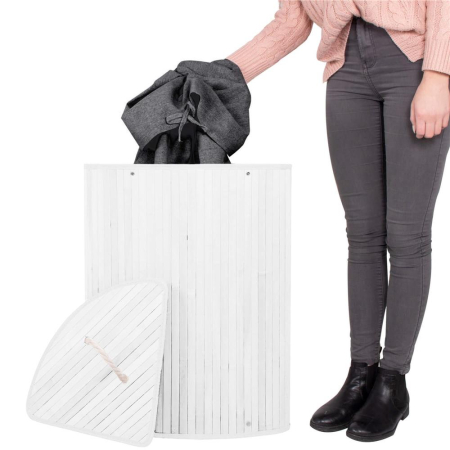 Cos rufe triunghiular colt bambus capac sac textil 60l, 55x35x60 cm, economisire spatiu, alb gri [1]