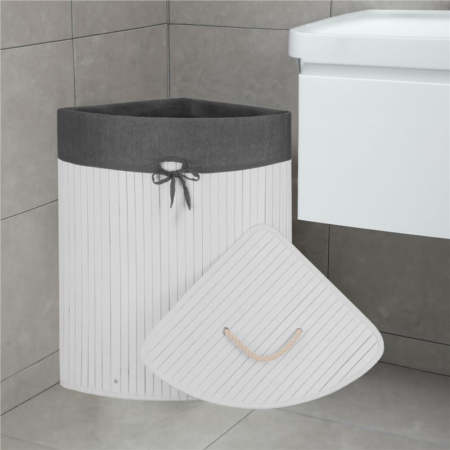 Cos rufe triunghiular colt bambus capac sac textil 60l, 55x35x60 cm, economisire spatiu, alb gri [22]