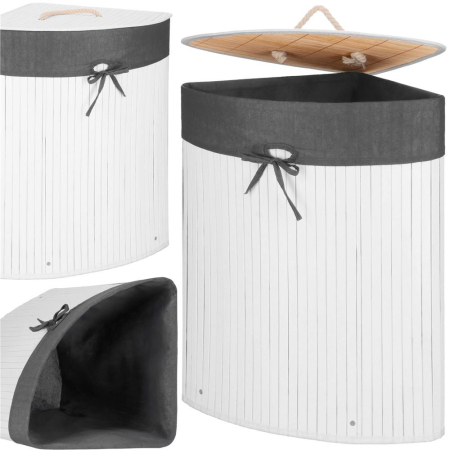 Cos rufe triunghiular colt bambus capac sac textil 60l, 55x35x60 cm, economisire spatiu, alb gri [8]