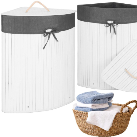 Cos rufe triunghiular colt bambus capac sac textil 60l, 55x35x60 cm, economisire spatiu, alb gri [7]