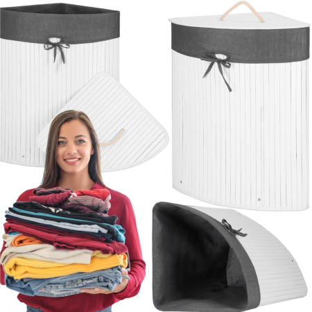 Cos rufe triunghiular colt bambus capac sac textil 60l, 55x35x60 cm, economisire spatiu, alb gri [10]