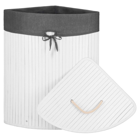 Cos rufe triunghiular colt bambus capac sac textil 60l, 55x35x60 cm, economisire spatiu, alb gri [16]