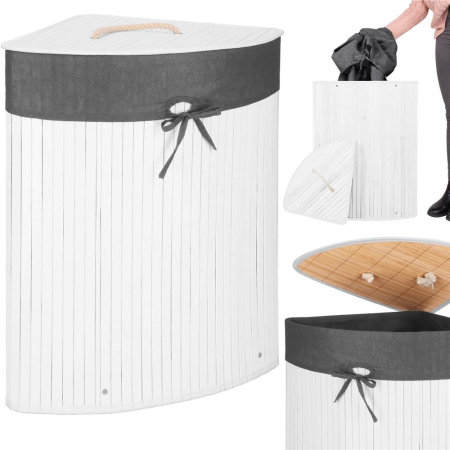 Cos rufe triunghiular colt bambus capac sac textil 60l, 55x35x60 cm, economisire spatiu, alb gri [11]