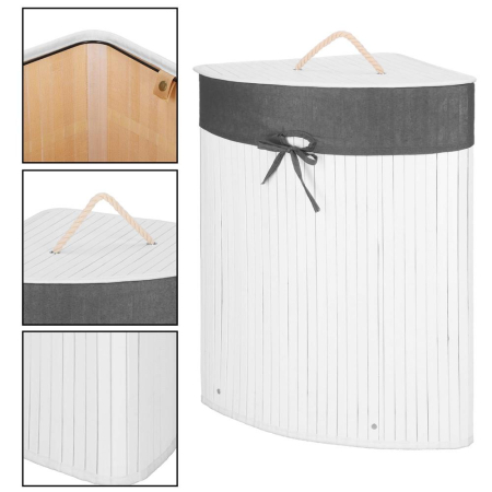 Cos rufe triunghiular colt bambus capac sac textil 60l, 55x35x60 cm, economisire spatiu, alb gri [4]