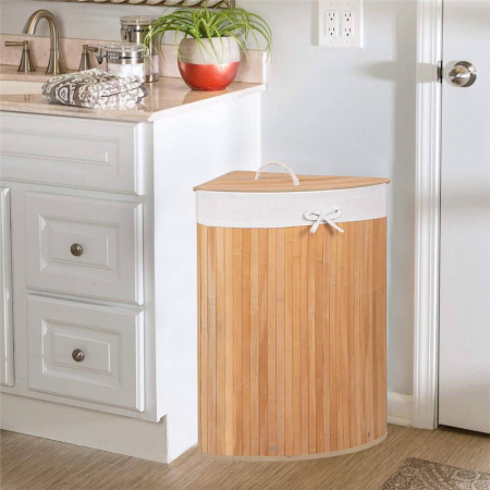Cos de rufe triunghiular pentru colt cu capac, bambus si sac textil detasabil, 60 litri, 55x35x60 cm, maro natur [1]
