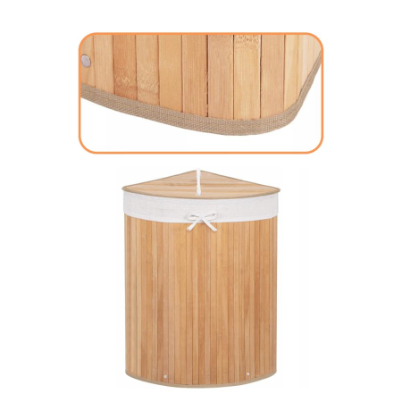 Cos de rufe triunghiular pentru colt cu capac, bambus si sac textil detasabil, 60 litri, 55x35x60 cm, maro natur [3]