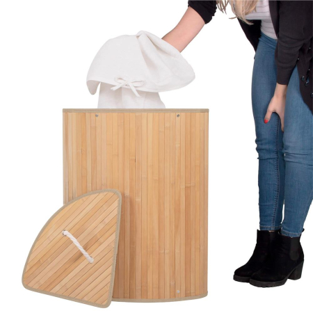Cos de rufe triunghiular pentru colt cu capac, bambus si sac textil detasabil, 60 litri, 55x35x60 cm, maro natur [7]