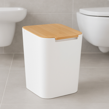 Cos gunoi 5Five Natureo cu capac, polipropilena si bambus, 5 litri, 22x19x24 cm, alb [3]