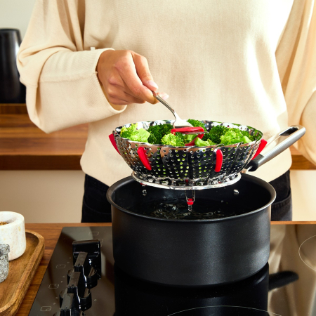 Cos pentru gatit la aburi Tefal Ingenio+ K1993034, inox, diametru reglabil, compatibilitate cu masina de spalat vase, argintiu & rosu [5]