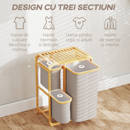  Cos pentru Rufe cu 3 Saci si Rafturi Detasabile din Material Textil din Bambus, 50x32x69,7 cm, Alb Crem [5]