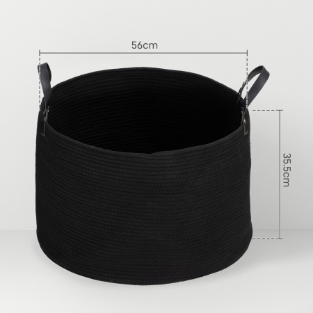  Cos pentru rufe de 88L portabil si pliabil cu manere din bumbac natural, Ø56x35.5 cm, negru [2]