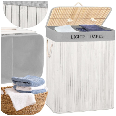 Cos pentru rufe din bambus, pliabil, cu 2 compartimente, volum 105 L, 63x52x33 cm, alb si gri [3]