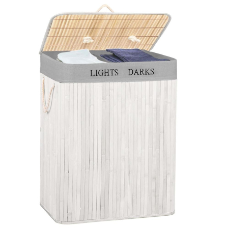 Cos pentru rufe din bambus, pliabil, cu 2 compartimente, volum 105 L, 63x52x33 cm, alb si gri [14]