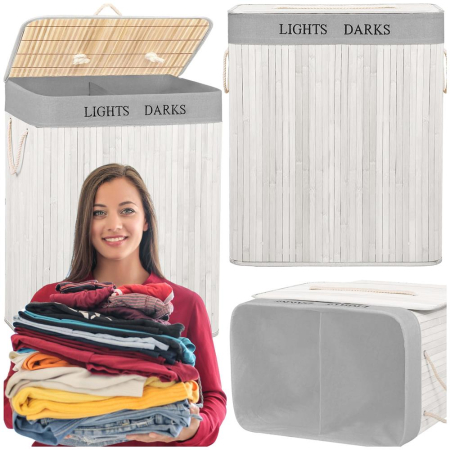 Cos pentru rufe din bambus, pliabil, cu 2 compartimente, volum 105 L, 63x52x33 cm, alb si gri [1]