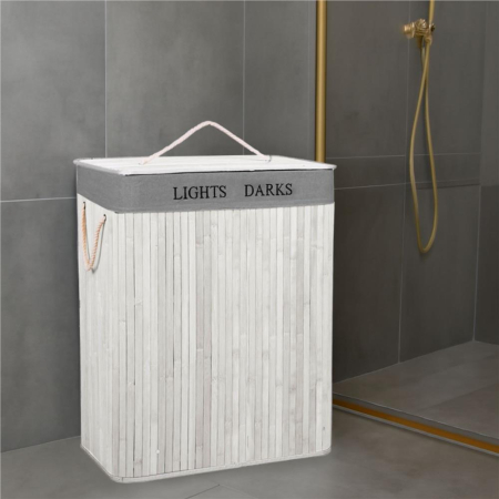 Cos pentru rufe din bambus, pliabil, cu 2 compartimente, volum 105 L, 63x52x33 cm, alb si gri [24]
