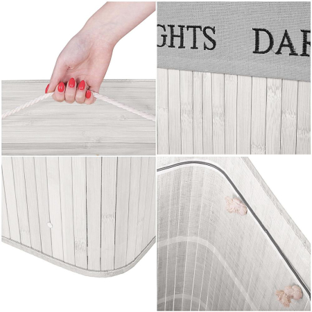 Cos pentru rufe din bambus, pliabil, cu 2 compartimente, volum 105 L, 63x52x33 cm, alb si gri [21]