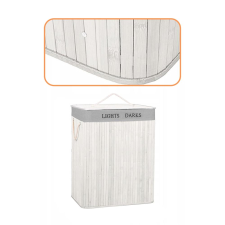 Cos pentru rufe din bambus, pliabil, cu 2 compartimente, volum 105 L, 63x52x33 cm, alb si gri [2]